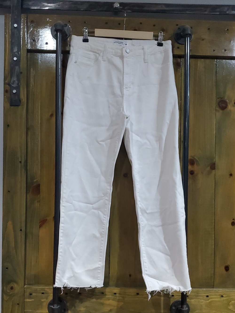 Just Black Denim Womens White Straight Jeans Frayed Hem Zipper Stretch NWOT